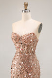 Sparkly Champagne Strapless Sheath Long Prom Dress With Slit