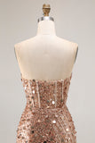 Sparkly Champagne Strapless Sheath Long Prom Dress With Slit