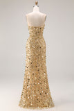 Sparkly Golden Strapless Sequins Sheath Plus Size Long Prom Dress with Slit