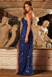 Royal Blue Sequin Strapless Mermaid Ball Dress with High Slit