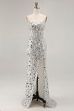 Sparkly Blue Strapless Sheath Sequin Corset Long Ball Dress With Slit
