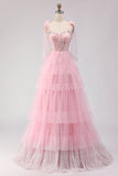 Pink A Line Corset Ruffled Beaded Long Ball Dress with Lace Up Back