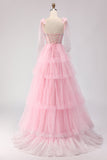 Pink A Line Corset Ruffled Beaded Long Ball Dress with Lace Up Back