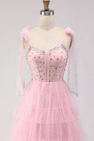 Pink A Line Corset Ruffled Beaded Long Ball Dress with Lace Up Back