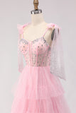 Pink A Line Corset Ruffled Beaded Long Ball Dress with Lace Up Back