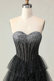 Black White Polka Dots Beaded Corset A Line Tiered Ball Dress