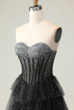 Black White Polka Dots Beaded Corset A Line Tiered Ball Dress