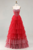 Red Corset A Line Sweetheart Tiered Polka Dots Long Ball Dress with Ruffles