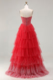 Red Corset A Line Sweetheart Tiered Polka Dots Long Ball Dress with Ruffles