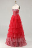 Red Corset A Line Sweetheart Tiered Polka Dots Long Ball Dress with Ruffles