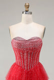 Red Corset A Line Sweetheart Tiered Polka Dots Long Ball Dress with Ruffles