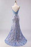 Mermaid Grey Blue Corset Appliqued Sequin Long Ball Dress with Bow