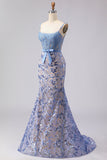 Mermaid Grey Blue Corset Appliqued Sequin Long Ball Dress with Bow