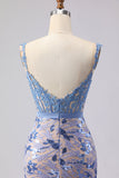Mermaid Grey Blue Corset Appliqued Sequin Long Ball Dress with Bow