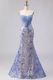 Grey Blue Strapless Mermaid Corset Long Ball Dress with Sequins