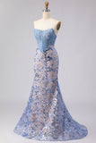 Grey Blue Strapless Mermaid Corset Long Ball Dress with Sequins
