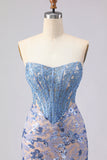 Grey Blue Strapless Mermaid Corset Long Ball Dress with Sequins