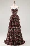 Brown Leopard Sweetheart A Line Tiered Long Prom Dress with Ruffles