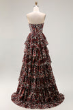 Brown Leopard Sweetheart A Line Tiered Long Prom Dress with Ruffles