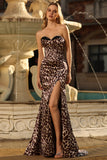 Coffee Leopard Mermaid Strapless Corset Long Prom Dress with Slit