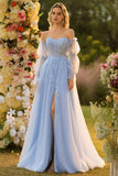 Blue A Line Strapless Convertible Corset Sequins Long Ball Dress with Removable Sleeves