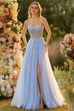 Blue A Line Strapless Convertible Corset Sequins Long Ball Dress with Removable Sleeves