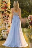 Blue A Line Strapless Convertible Corset Sequins Long Ball Dress with Removable Sleeves