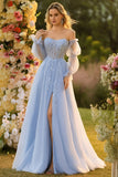 Blue A Line Strapless Convertible Corset Sequins Long Ball Dress with Removable Sleeves