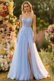 Blue A Line Strapless Convertible Corset Sequins Long Ball Dress with Removable Sleeves