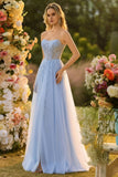 Blue A Line Strapless Convertible Corset Sequins Long Ball Dress with Removable Sleeves