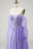 Blue A Line Strapless Convertible Corset Sequins Long Ball Dress with Removable Sleeves