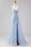 Blue Mermaid Sweetheart Corset Beaded Sequin Long Ball Dress with Slit