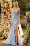 Blue Mermaid Sweetheart Corset Beaded Sequin Long Ball Dress with Slit