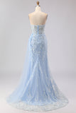 Blue Mermaid Sweetheart Corset Beaded Sequin Long Ball Dress with Slit