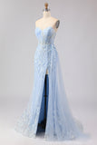 Blue Mermaid Sweetheart Corset Beaded Sequin Long Ball Dress with Slit