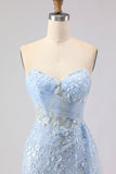 Blue Mermaid Sweetheart Corset Beaded Sequin Long Ball Dress with Slit