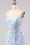 Blue Mermaid Sweetheart Corset Beaded Sequin Long Ball Dress with Slit
