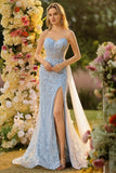 Blue Sweetheart Mermaid Beaded Corset Sequin Long Ball Dress with Slit