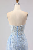 Blue Mermaid Sweetheart Corset Beaded Sequin Long Ball Dress with Slit
