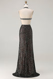 Champagne Mermaid Halter Sequins Beaded Keyhole Long Ball Dress with Slit