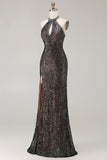 Sparkly Black Halter Mermaid Beaded Sequins Keyhole Long Ball Dress with Slit