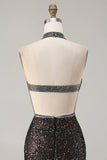 Sparkly Black Halter Mermaid Beaded Sequins Keyhole Long Ball Dress with Slit