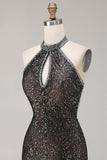 Sparkly Black Halter Mermaid Beaded Sequins Keyhole Long Ball Dress with Slit