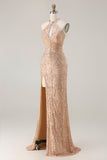 Champagne Mermaid Halter Sequins Beaded Keyhole Long Ball Dress with Slit