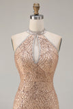 Champagne Mermaid Halter Sequins Beaded Keyhole Long Ball Dress with Slit