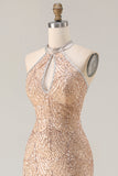 Champagne Mermaid Halter Sequins Beaded Keyhole Long Ball Dress with Slit
