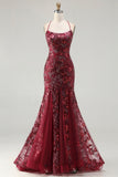Sparkly Burgundy Mermaid Appliqued Long Ball Dress with Sequins