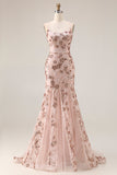 Sparkly Rose Golden Mermaid Lace Up Back Long Ball Dress with Sequins