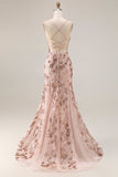 Sparkly Rose Golden Mermaid Lace Up Back Long Ball Dress with Sequins