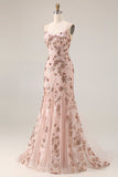 Sparkly Rose Golden Mermaid Lace Up Back Long Ball Dress with Sequins